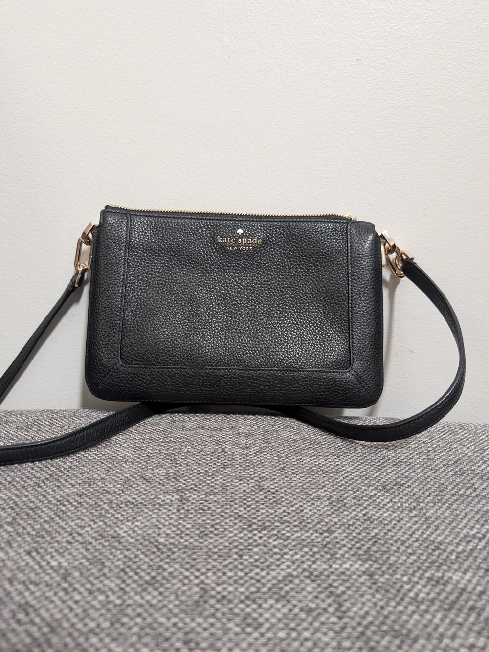 kate spade Black Pebbled Leather Double-Zip Crossbody with Gold Hardware
